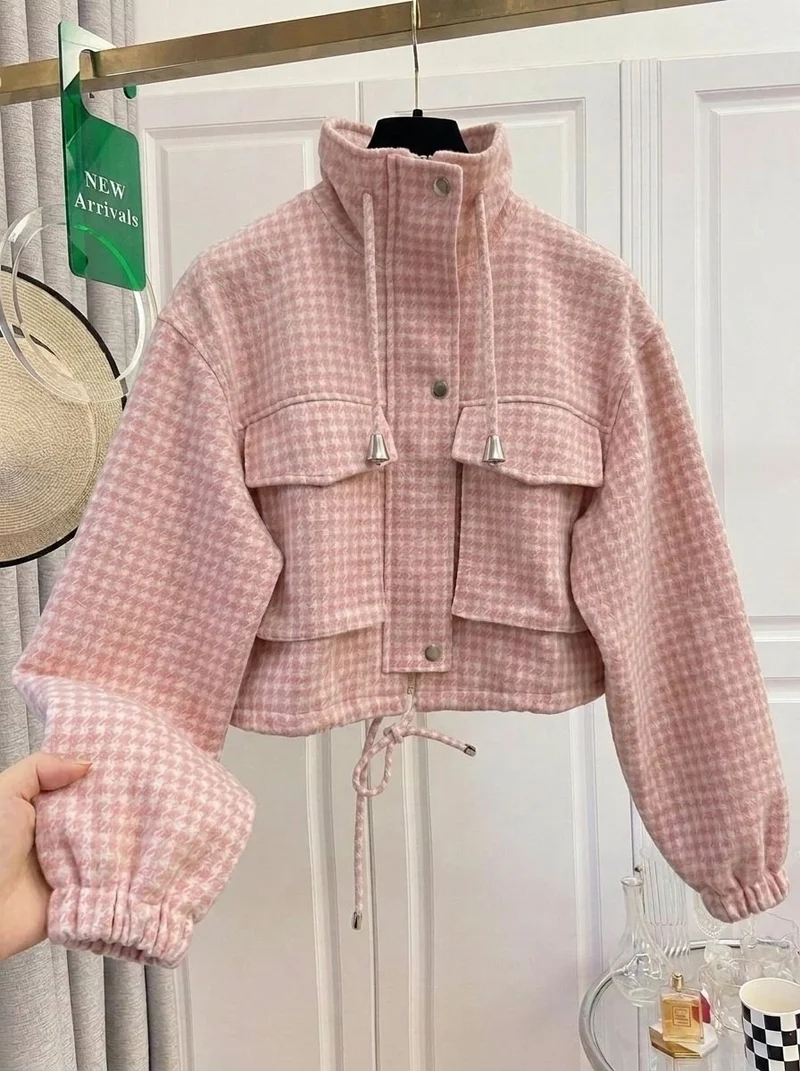 Damen Karo-Cropped-Jacke mit Stehkragen, Tunnelzug und elastischen Bündchen Drune