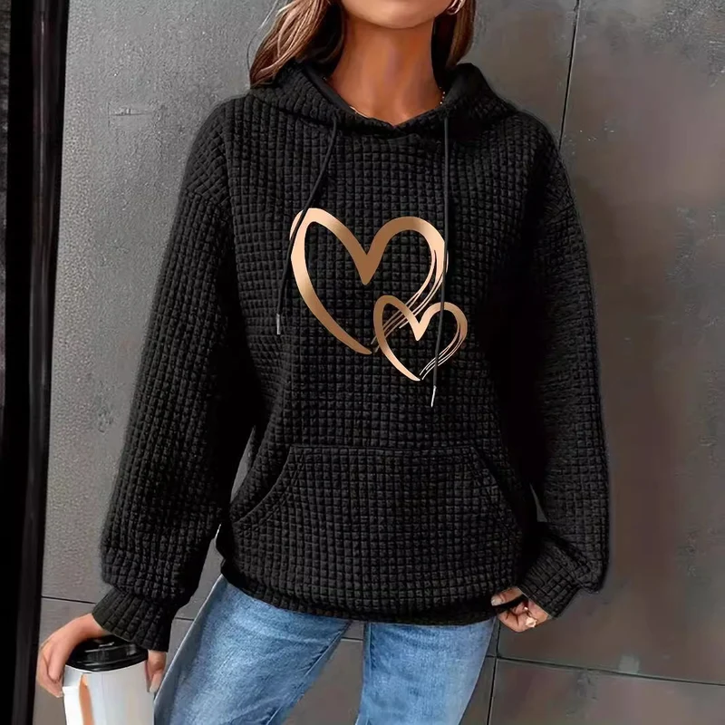 Damen Kapuzenpullover mit Waffelstruktur, Kängurutasche und Metallic-Herzprint Drune