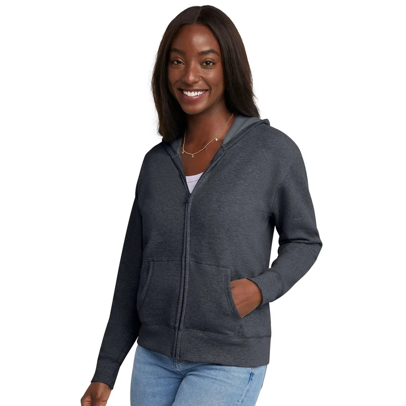 Damen Kapuzen-Sweatjacke mit durchgehendem Reißverschluss, Kängurutaschen und gerippten Bündchen Drune