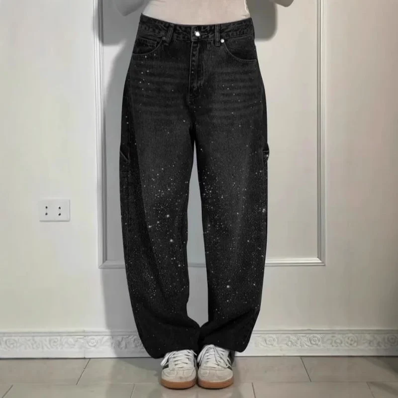 Damen High-Waist Jeans im weiten Cargo-Schnitt mit funkelndem Strassbesatz Drune