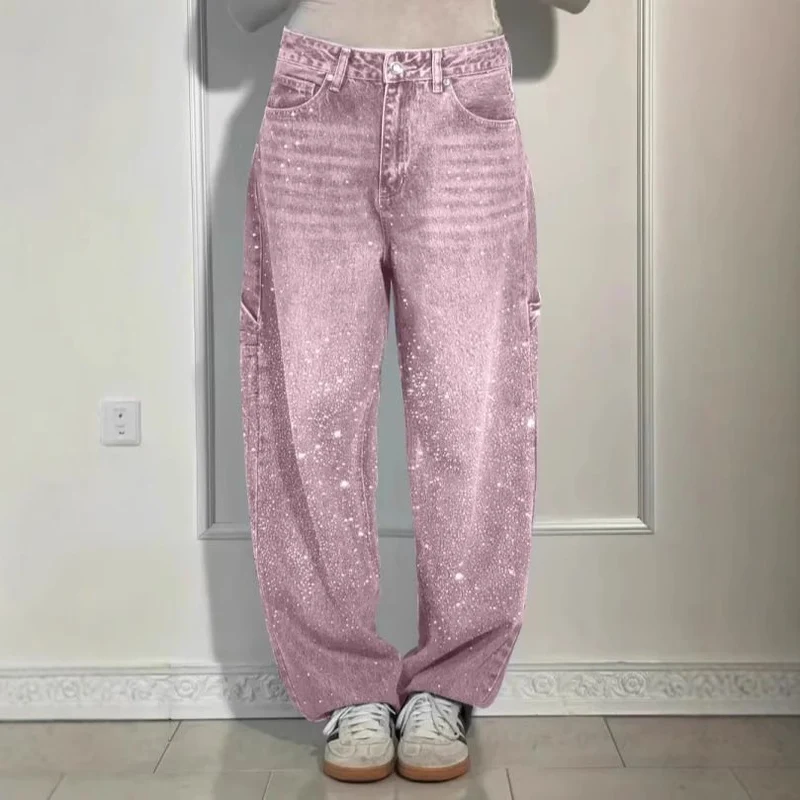 Damen High-Waist Jeans im weiten Cargo-Schnitt mit funkelndem Strassbesatz Drune