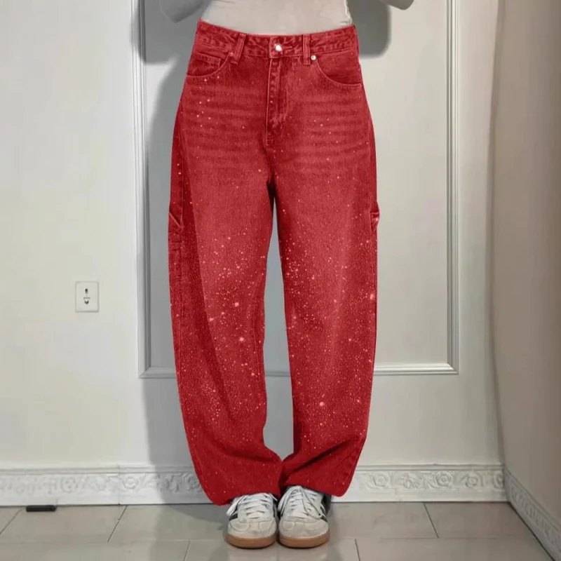 Damen High-Waist Jeans im weiten Cargo-Schnitt mit funkelndem Strassbesatz Drune