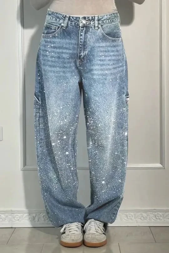 Damen High-Waist Jeans im weiten Cargo-Schnitt mit funkelndem Strassbesatz Drune
