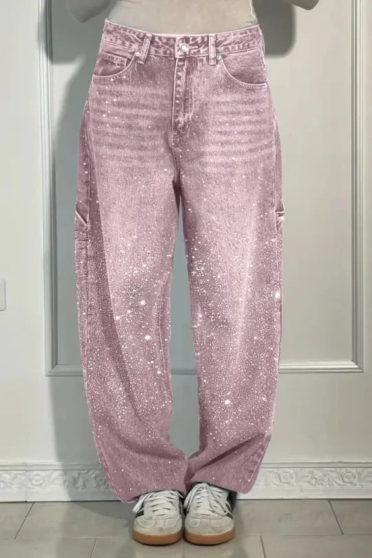 Damen High-Waist Jeans im weiten Cargo-Schnitt mit funkelndem Strassbesatz Drune