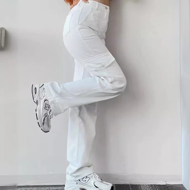 Damen High-Waist-Cargohose aus Twill mit aufgesetzten Klappentaschen und weitem Bein Drune