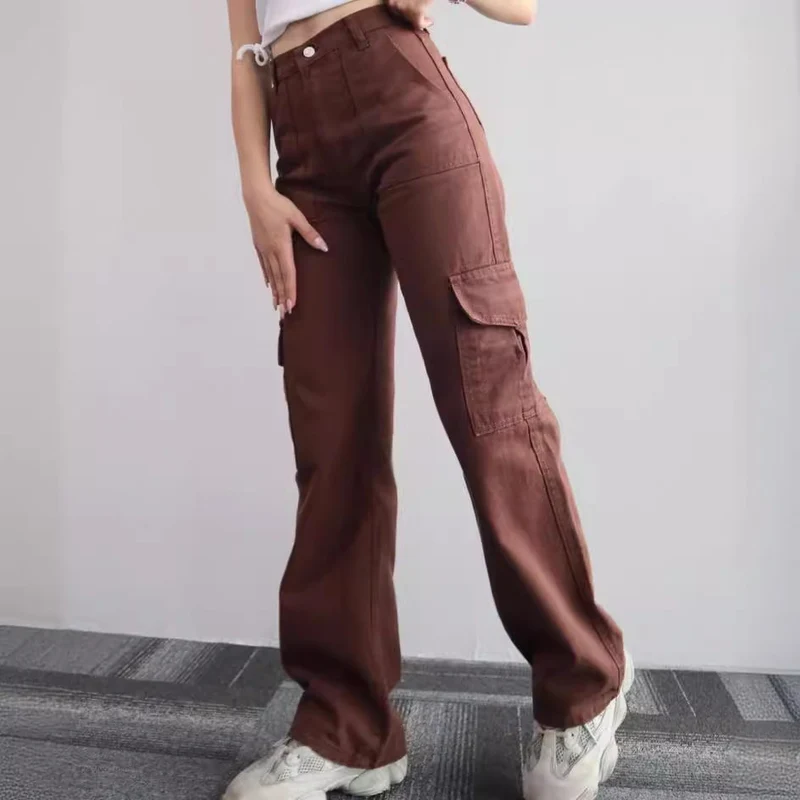 Damen High-Waist-Cargohose aus Twill mit aufgesetzten Klappentaschen und weitem Bein Drune
