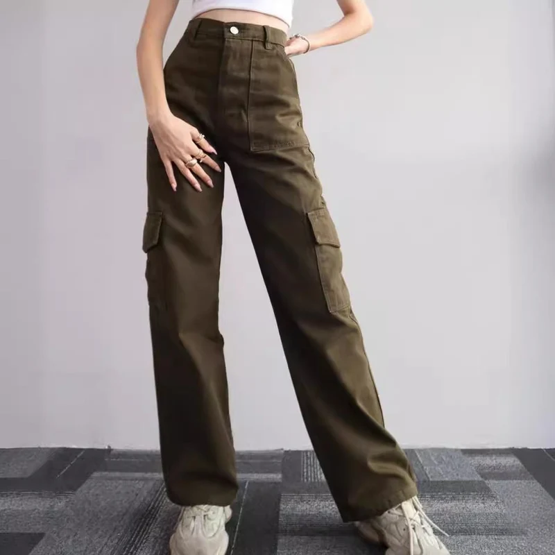 Damen High-Waist-Cargohose aus Twill mit aufgesetzten Klappentaschen und weitem Bein Drune