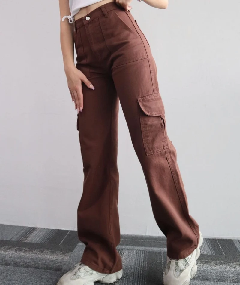 Damen High-Waist-Cargohose aus Twill mit aufgesetzten Klappentaschen und weitem Bein Drune