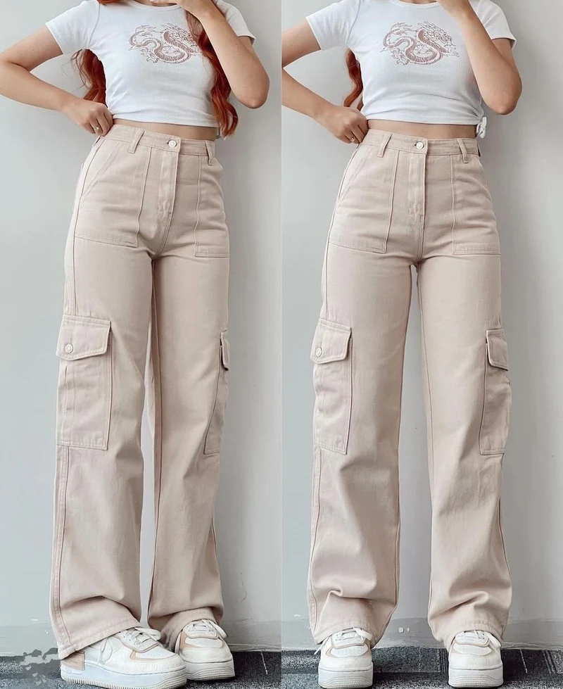 Damen High-Waist-Cargohose aus Twill mit aufgesetzten Klappentaschen und weitem Bein Drune
