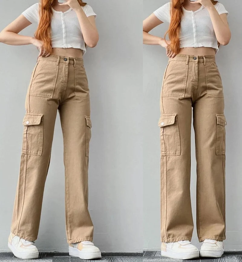 Damen High-Waist-Cargohose aus Twill mit aufgesetzten Klappentaschen und weitem Bein Drune