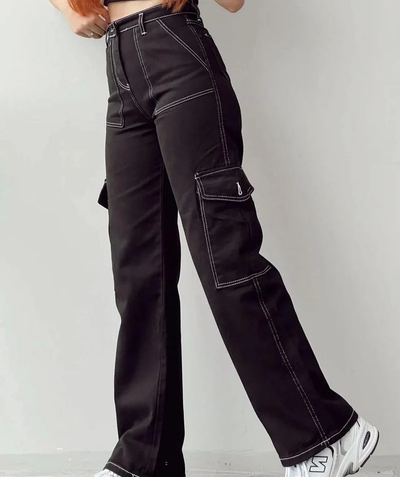 Damen High-Waist-Cargohose aus Twill mit aufgesetzten Klappentaschen und weitem Bein Drune