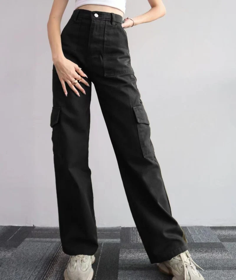 Damen High-Waist-Cargohose aus Twill mit aufgesetzten Klappentaschen und weitem Bein Drune