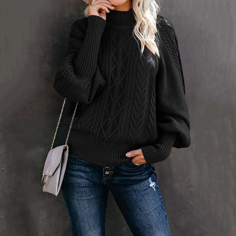 Damen Grobstrick-Pullover mit Zopfmuster, Stehkragen und Ballonärmeln Drune