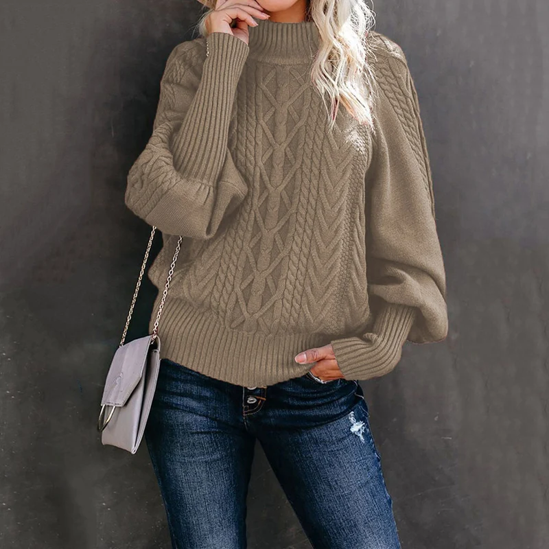 Damen Grobstrick-Pullover mit Zopfmuster, Stehkragen und Ballonärmeln Drune