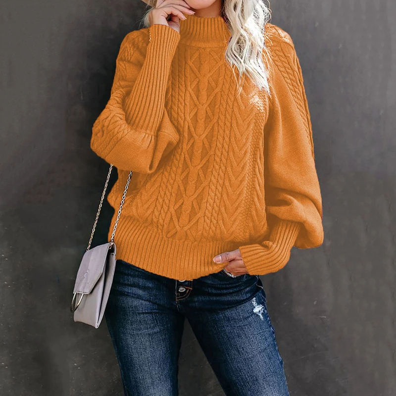 Damen Grobstrick-Pullover mit Zopfmuster, Stehkragen und Ballonärmeln Drune