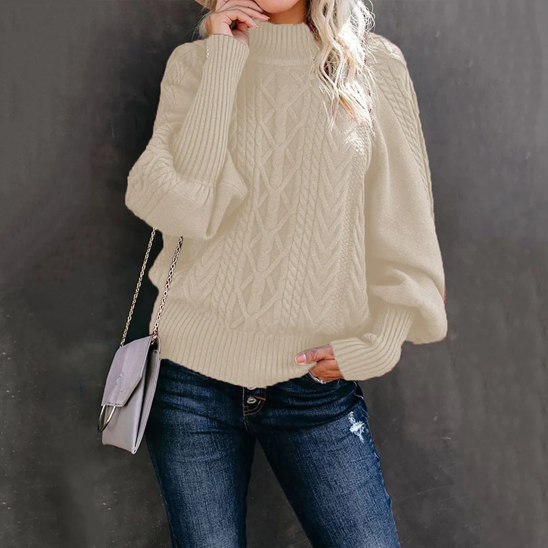 Damen Grobstrick-Pullover mit Zopfmuster, Stehkragen und Ballonärmeln Drune