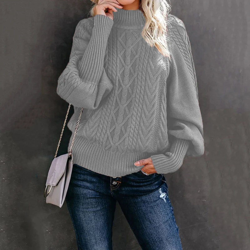 Damen Grobstrick-Pullover mit Zopfmuster, Stehkragen und Ballonärmeln Drune