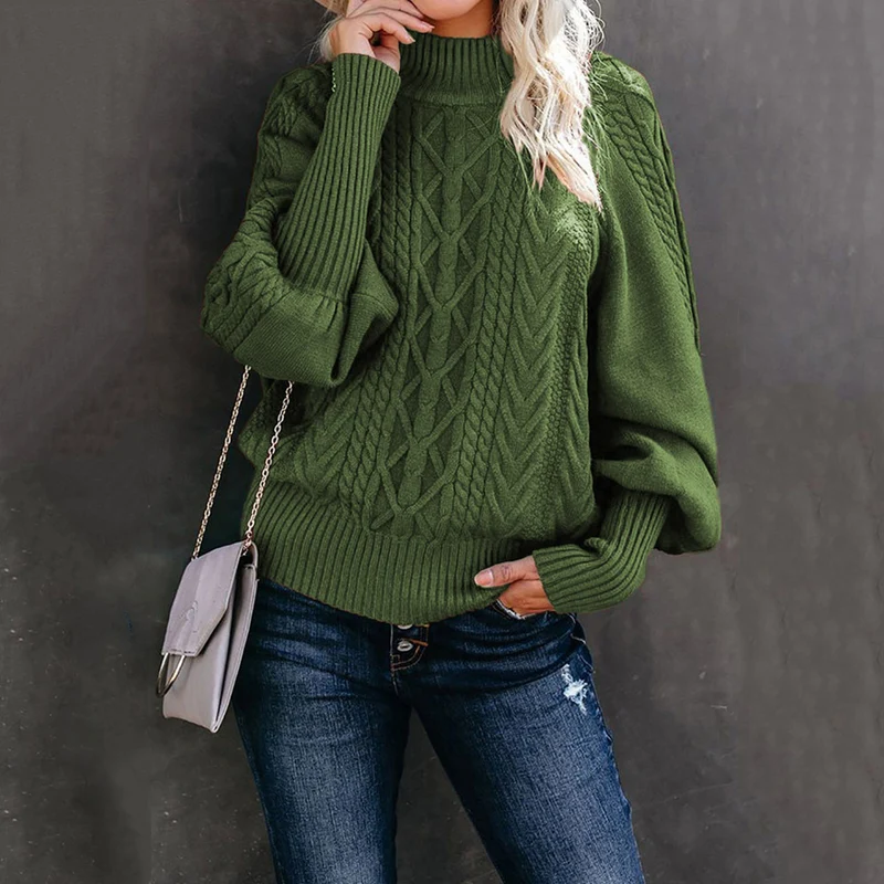 Damen Grobstrick-Pullover mit Zopfmuster, Stehkragen und Ballonärmeln Drune