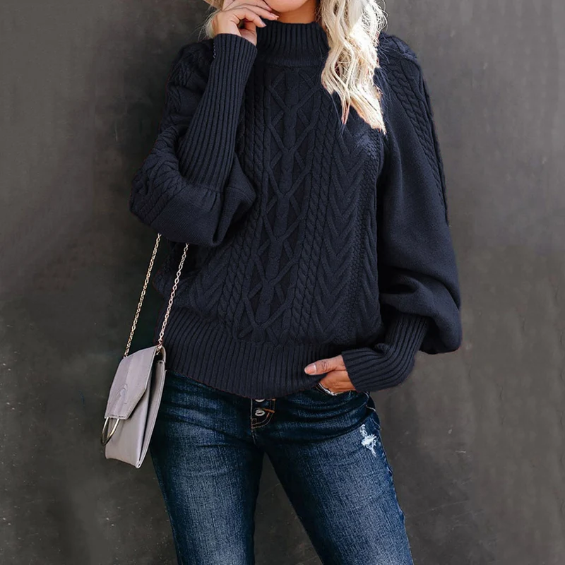 Damen Grobstrick-Pullover mit Zopfmuster, Stehkragen und Ballonärmeln Drune