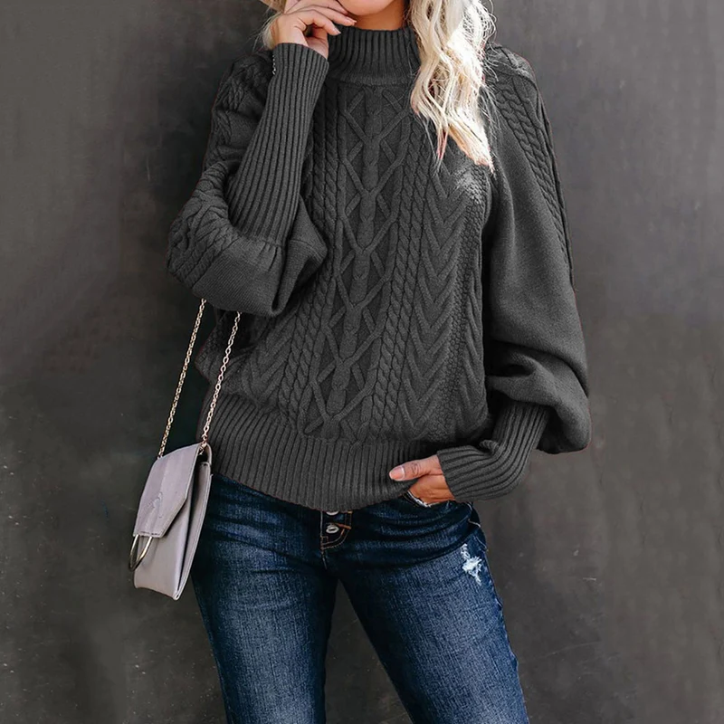 Damen Grobstrick-Pullover mit Zopfmuster, Stehkragen und Ballonärmeln Drune