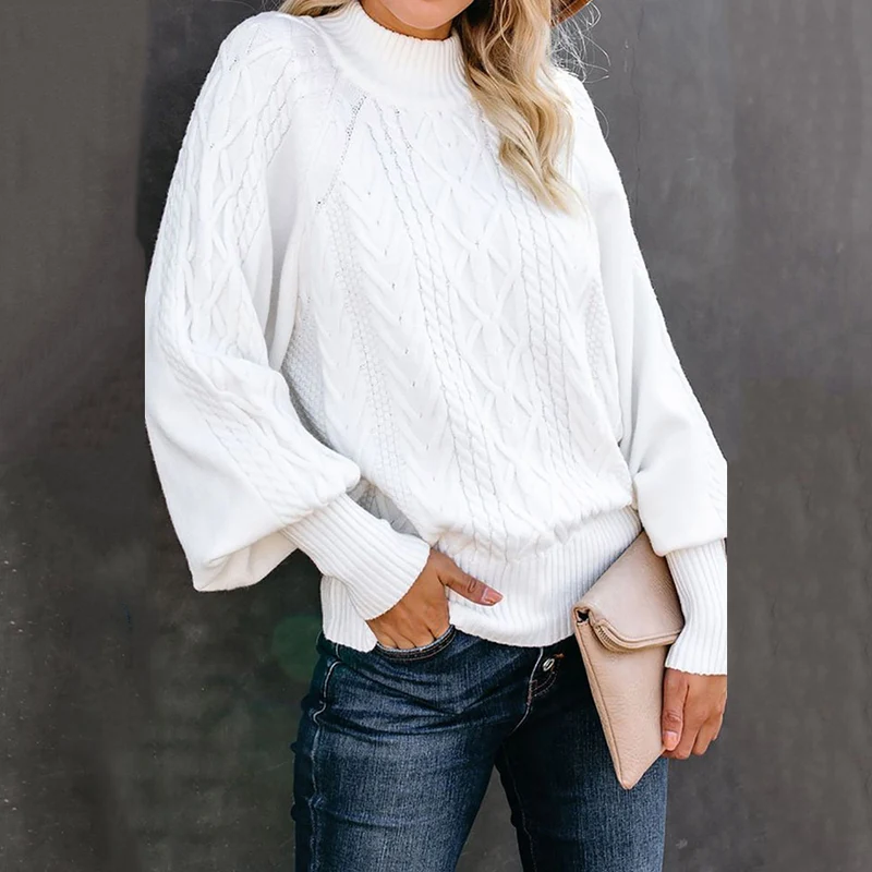 Damen Grobstrick-Pullover mit Zopfmuster, Stehkragen und Ballonärmeln Drune