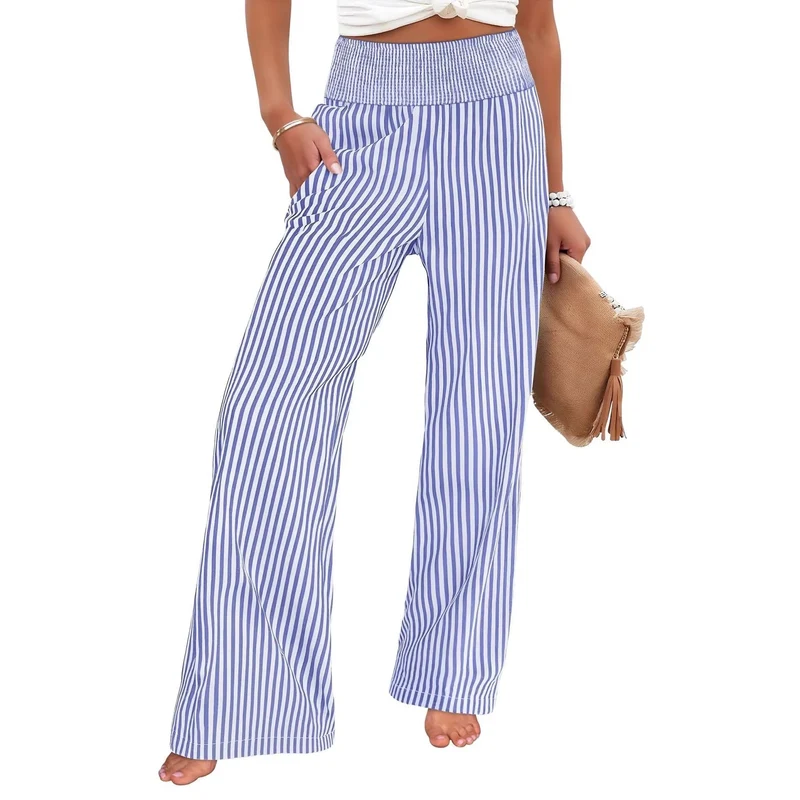 Damen Gestreifte Palazzo-Hose mit hohem, gerafftem Bund und weitem Bein Drune