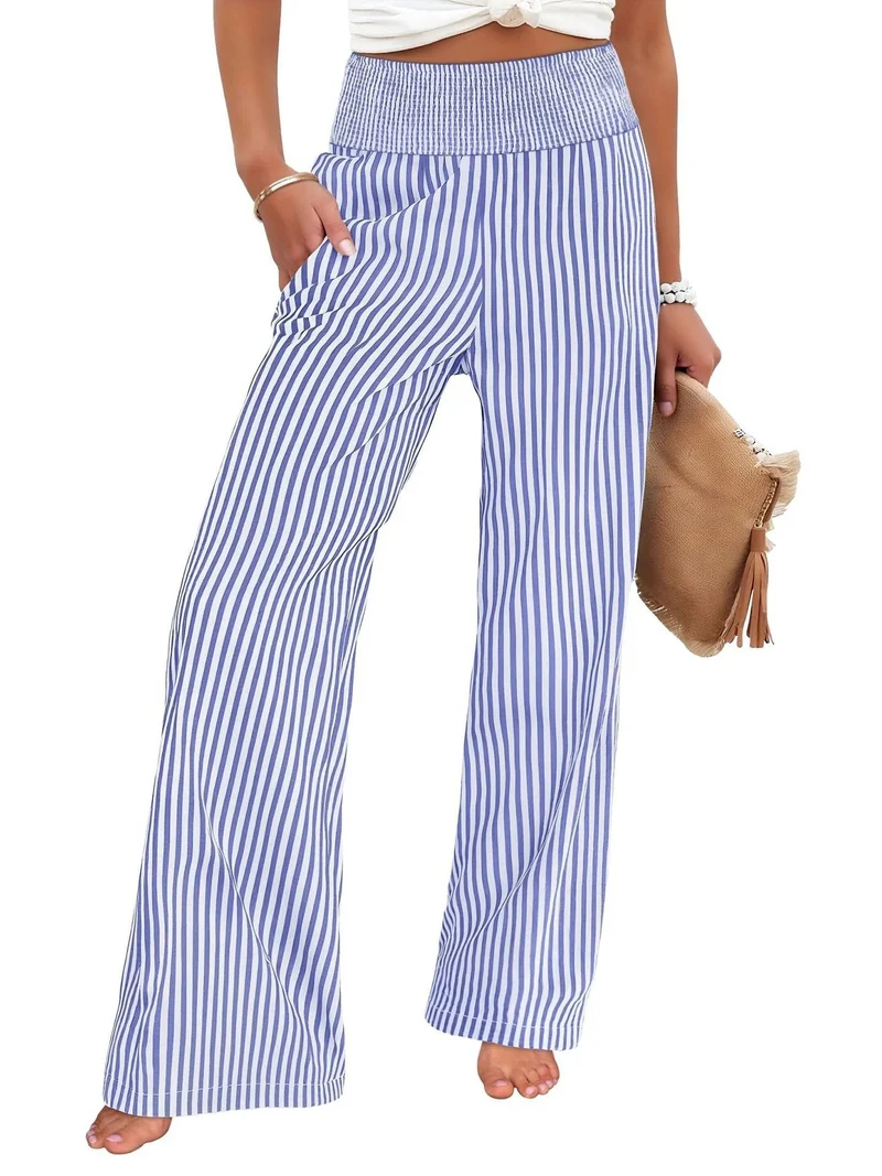 Damen Gestreifte Palazzo-Hose mit hohem, gerafftem Bund und weitem Bein Drune
