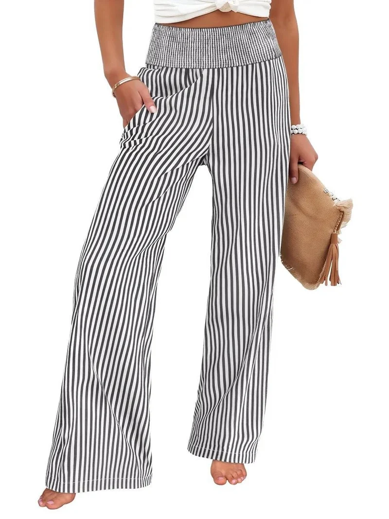 Damen Gestreifte Palazzo-Hose mit hohem, gerafftem Bund und weitem Bein Drune