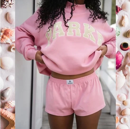 Damen Gemütliches Freizeit-Set mit Oversize kurz geschnittenem Sweatshirt und elastischen Baumwoll-Shorts Drune
