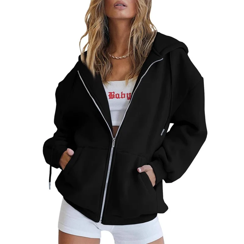 Damen Fleece-Zipjacke im Oversize-Stil mit Kapuze, Kängurutaschen und elastischem Saum Drune
