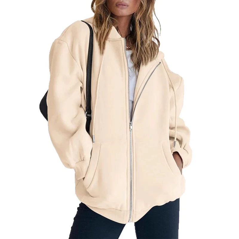Damen Fleece-Zipjacke im Oversize-Stil mit Kapuze, Kängurutaschen und elastischem Saum Drune