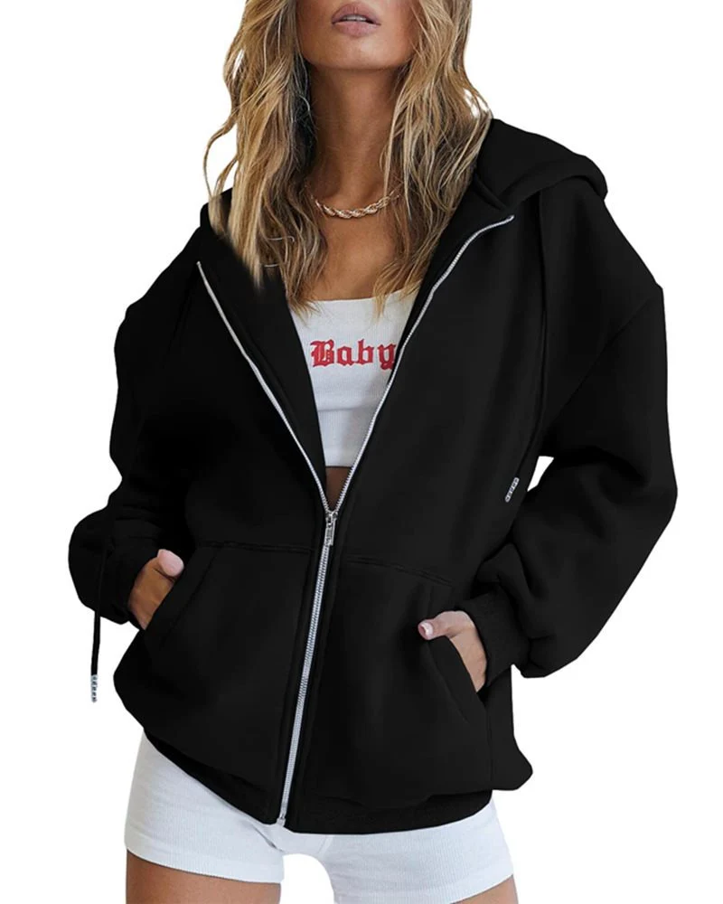 Damen Fleece-Zipjacke im Oversize-Stil mit Kapuze, Kängurutaschen und elastischem Saum Drune