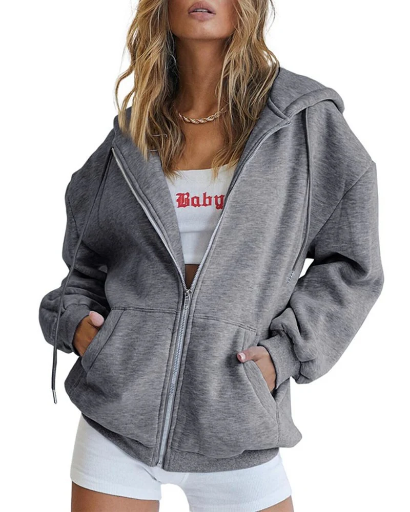 Damen Fleece-Zipjacke im Oversize-Stil mit Kapuze, Kängurutaschen und elastischem Saum Drune