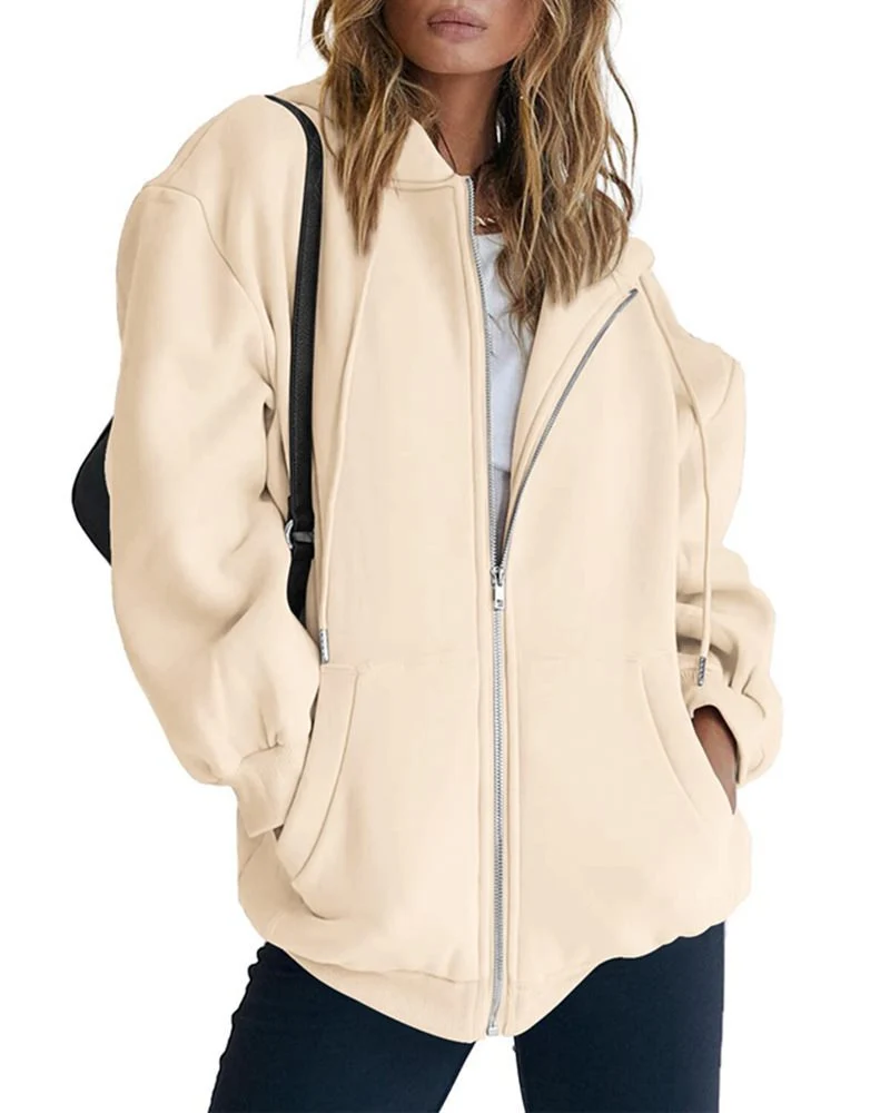Damen Fleece-Zipjacke im Oversize-Stil mit Kapuze, Kängurutaschen und elastischem Saum Drune