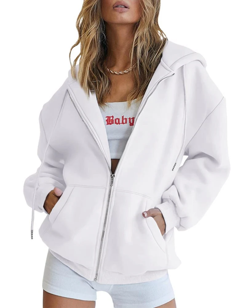 Damen Fleece-Zipjacke im Oversize-Stil mit Kapuze, Kängurutaschen und elastischem Saum Drune