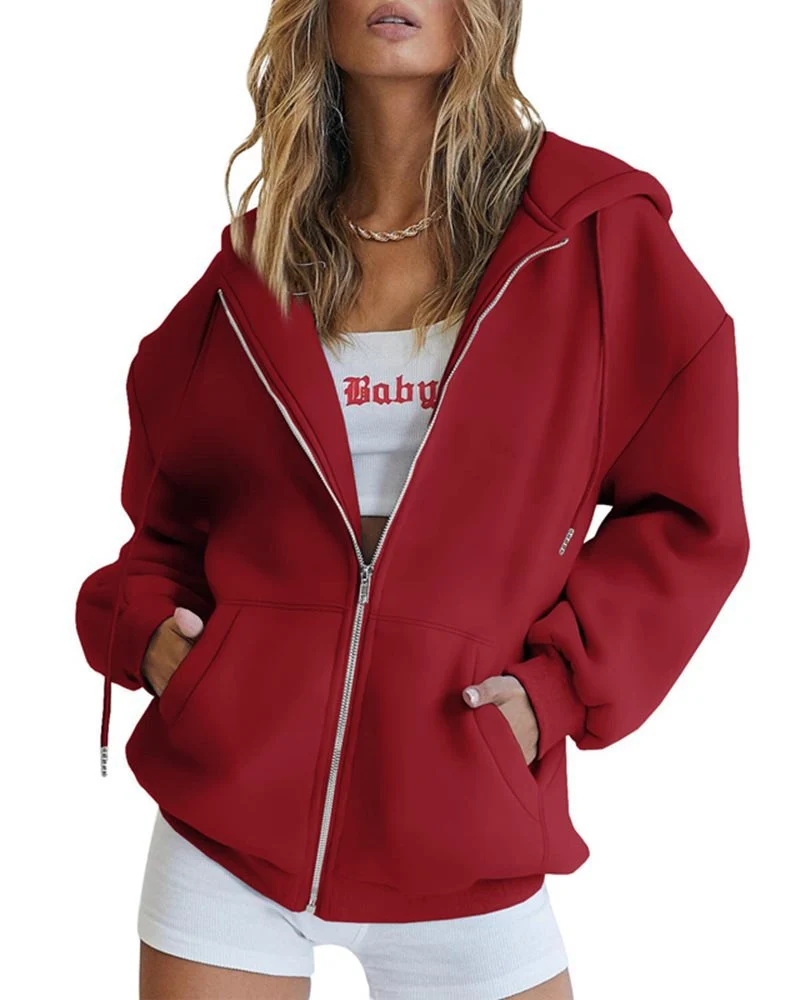 Damen Fleece-Zipjacke im Oversize-Stil mit Kapuze, Kängurutaschen und elastischem Saum Drune