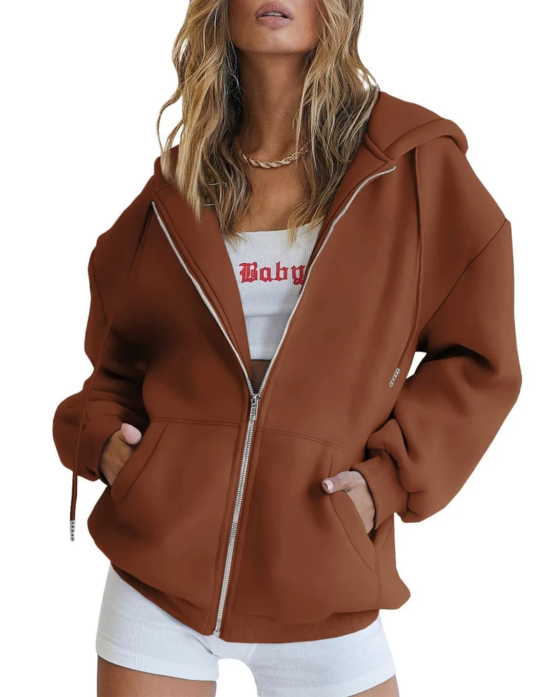 Damen Fleece-Zipjacke im Oversize-Stil mit Kapuze, Kängurutaschen und elastischem Saum Drune