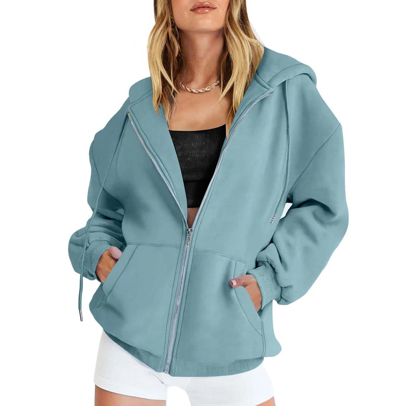 Damen Fleece-Zipjacke im Oversize-Stil mit Kapuze, Kängurutaschen und elastischem Saum Drune