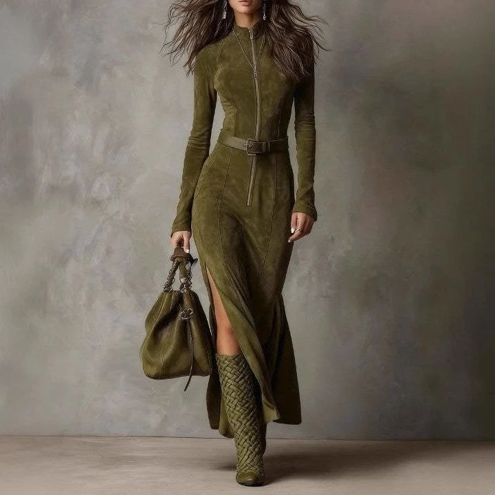 Damen Figurbetontes Midikleid aus Velourslederimitat mit Stehkragen und Zentralem Reißverschluss Drune