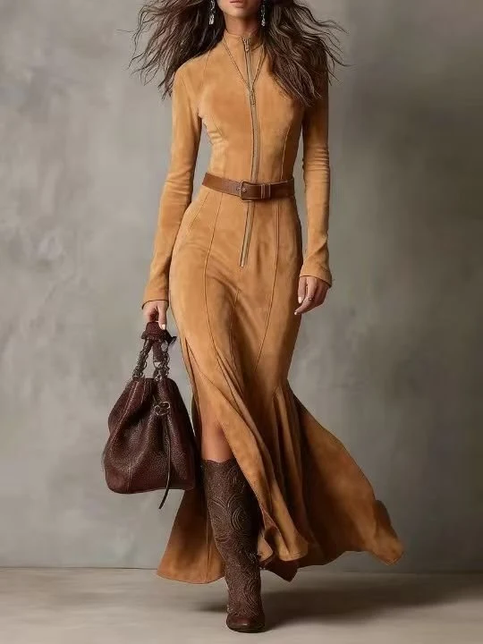 Damen Figurbetontes Midikleid aus Velourslederimitat mit Stehkragen und Zentralem Reißverschluss Drune