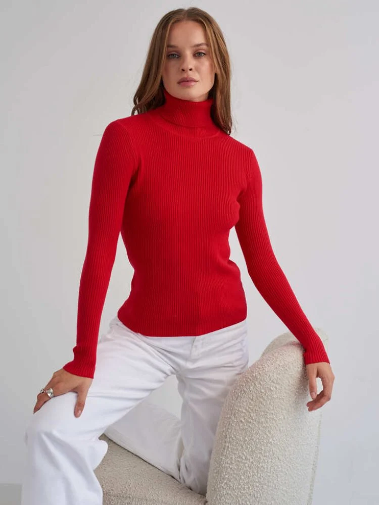 Damen Figurbetonter Rippstrick-Rollkragenpullover Drune
