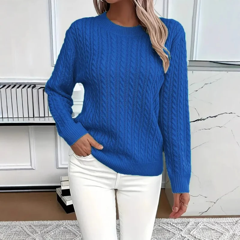 Damen Feinstrick-Pullover mit Zopfmuster und Rundhalsausschnitt Drune