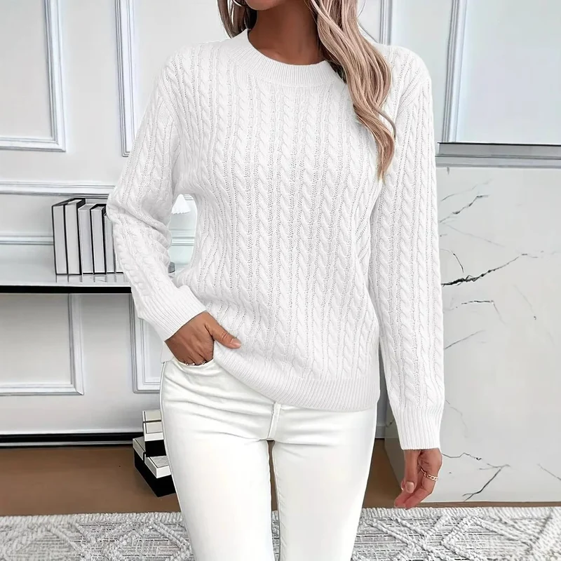 Damen Feinstrick-Pullover mit Zopfmuster und Rundhalsausschnitt Drune
