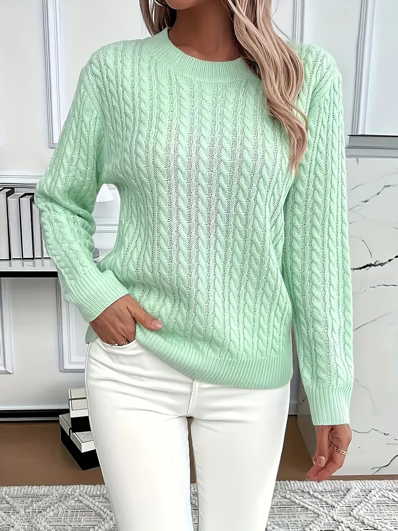 Damen Feinstrick-Pullover mit Zopfmuster und Rundhalsausschnitt Drune