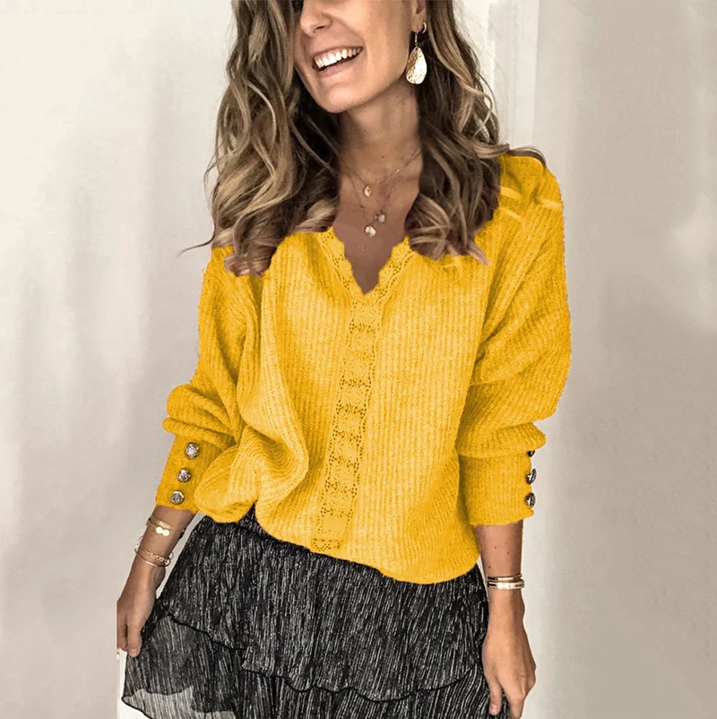 Damen Feinstrick-Pullover mit V-Ausschnitt, Spitzenbesatz und Zierknopfmanschetten Drune