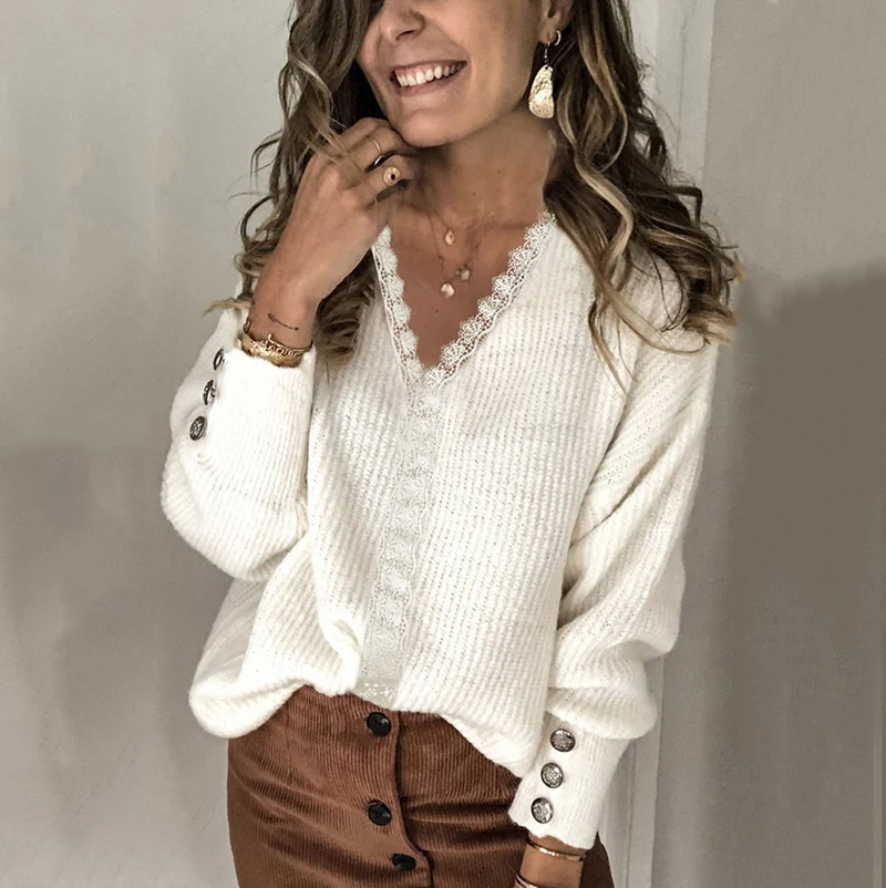 Damen Feinstrick-Pullover mit V-Ausschnitt, Spitzenbesatz und Zierknopfmanschetten Drune
