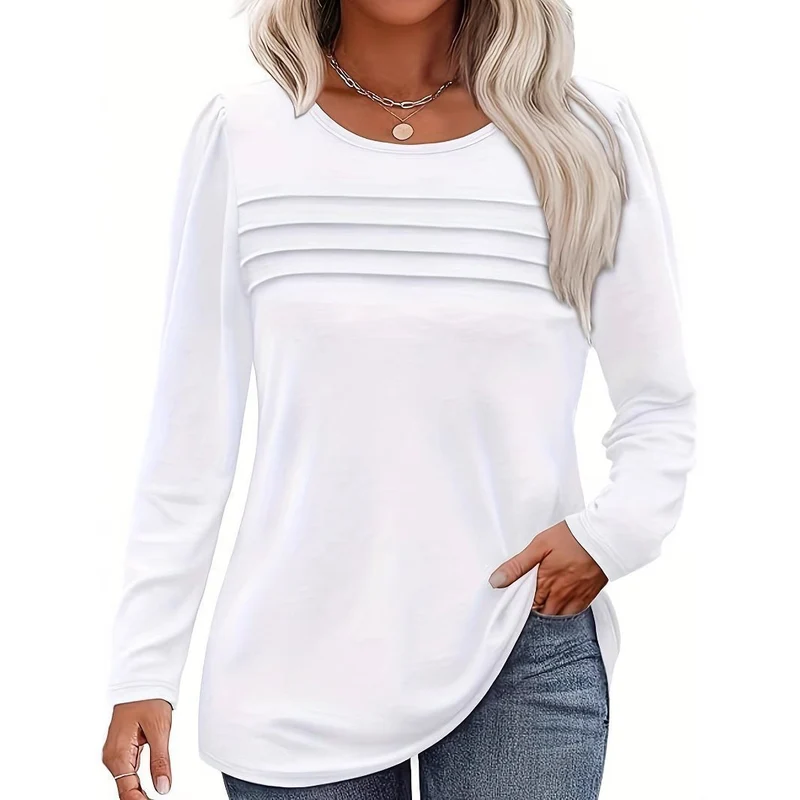 Damen Feines Langarmshirt mit Rundhalsausschnitt, dekorativen Kellerfalten und leicht taillierter A‑Linie Drune