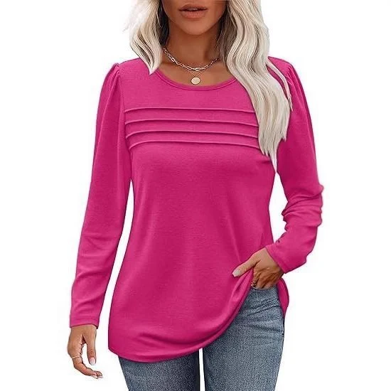 Damen Feines Langarmshirt mit Rundhalsausschnitt, dekorativen Kellerfalten und leicht taillierter A‑Linie Drune