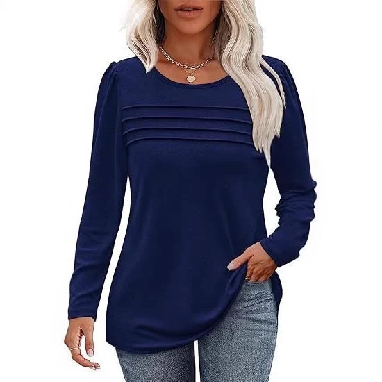 Damen Feines Langarmshirt mit Rundhalsausschnitt, dekorativen Kellerfalten und leicht taillierter A‑Linie Drune