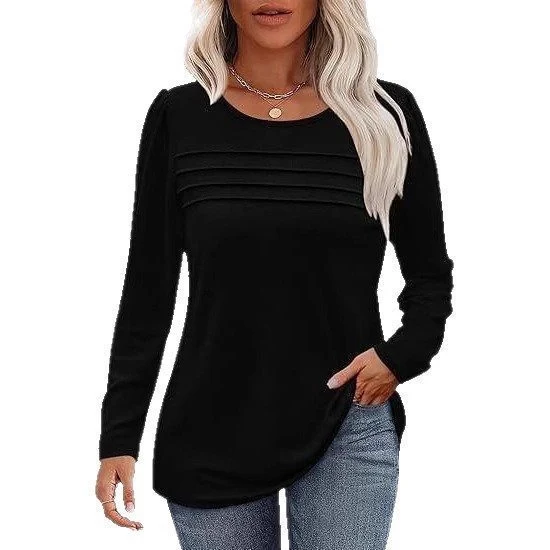 Damen Feines Langarmshirt mit Rundhalsausschnitt, dekorativen Kellerfalten und leicht taillierter A‑Linie Drune